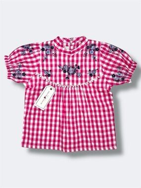 Minnie Minors Top Girls 18-24M Pink Gingham Embroidered Puff Sleeve Pom Trim